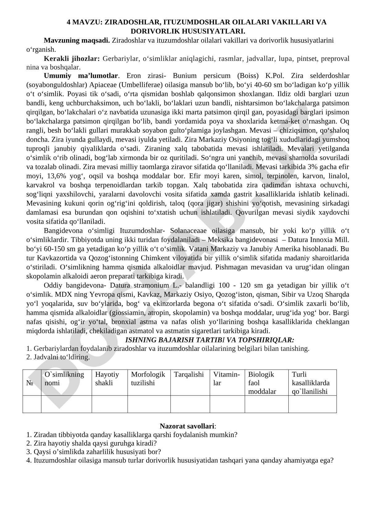 Ziradoshlar, ituzumdoshlar oilalari vakillari va dorivorlik hususiyatlari