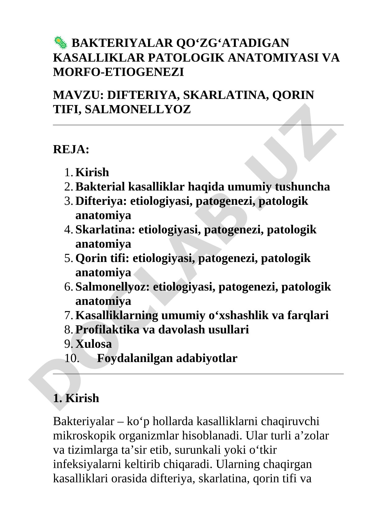 Difteriya, skarlatina, qorin tifi va salmonellyoz patologik anatomiyasi va morfo-etiogenezi