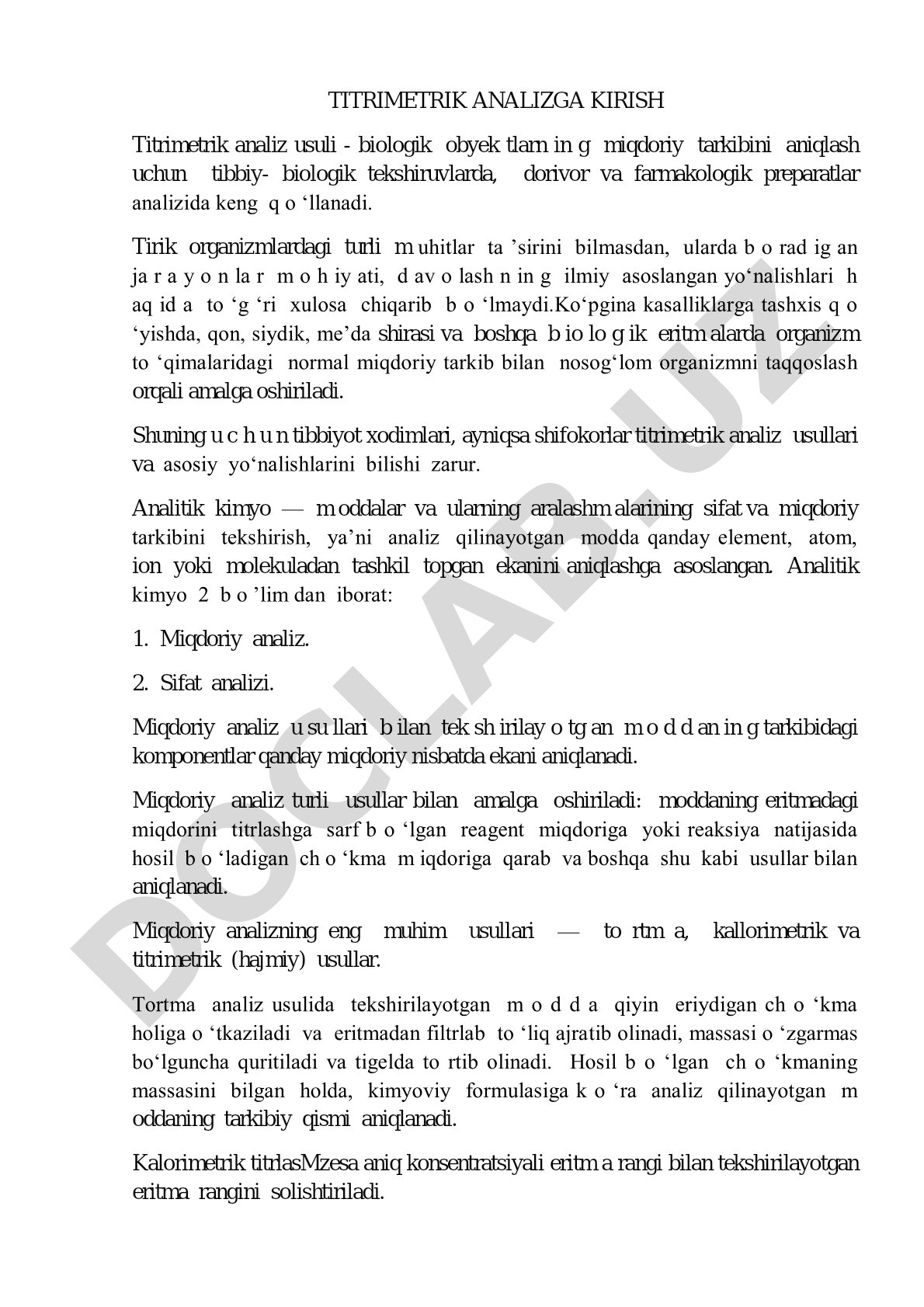 Titrimetrik analiz usuli va uning tibbiyotdagi ahamiyati