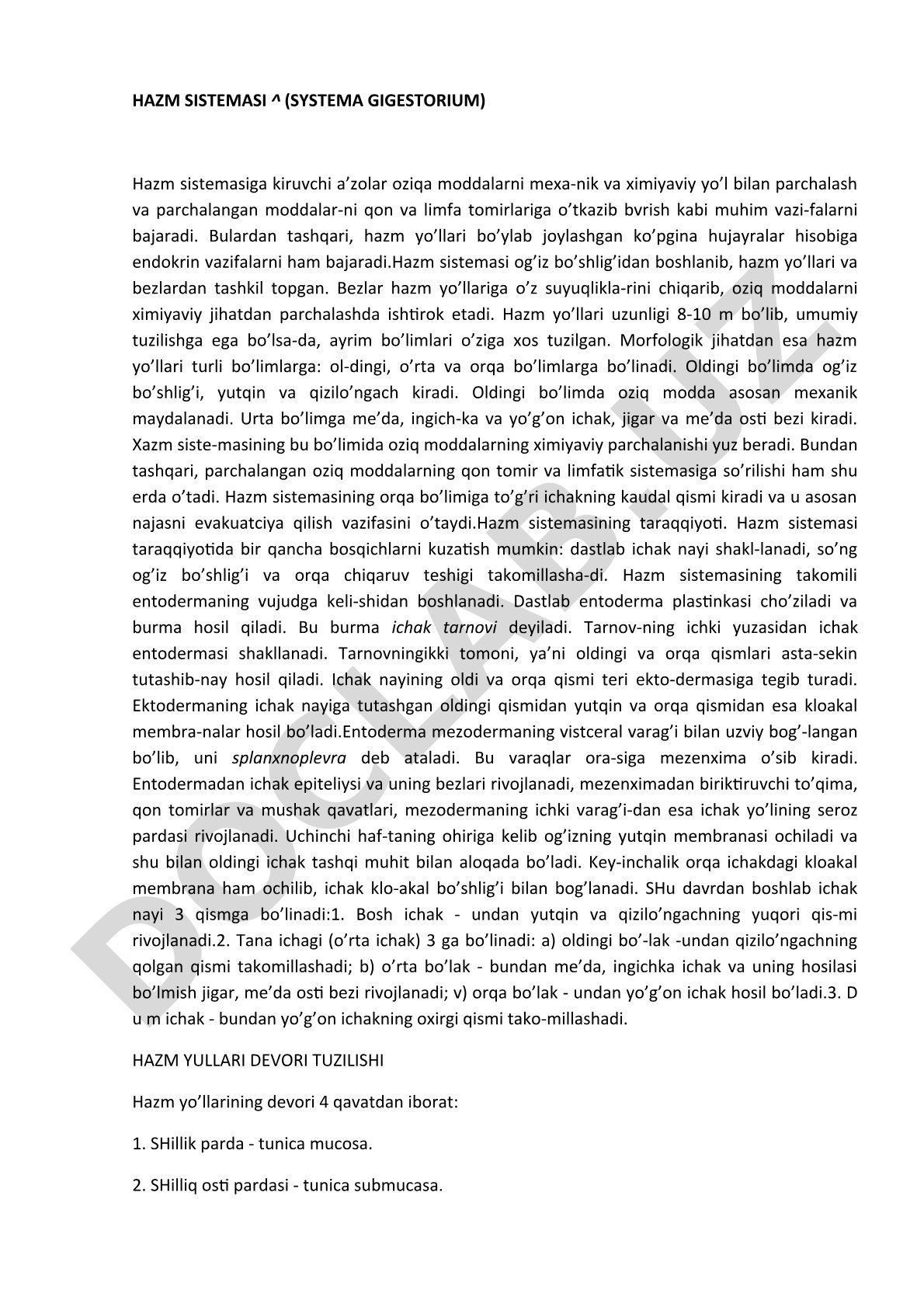 Hazm sistemasi tuzilishi va vazifalari