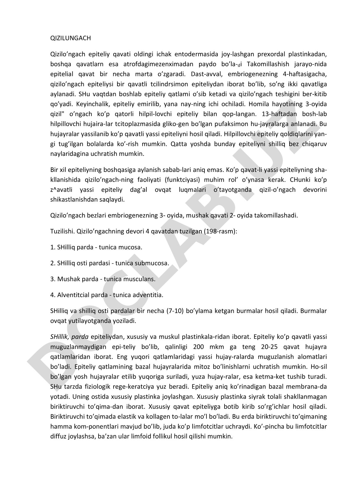 Qizilo'ngach epiteliy qavatining embriogenezi