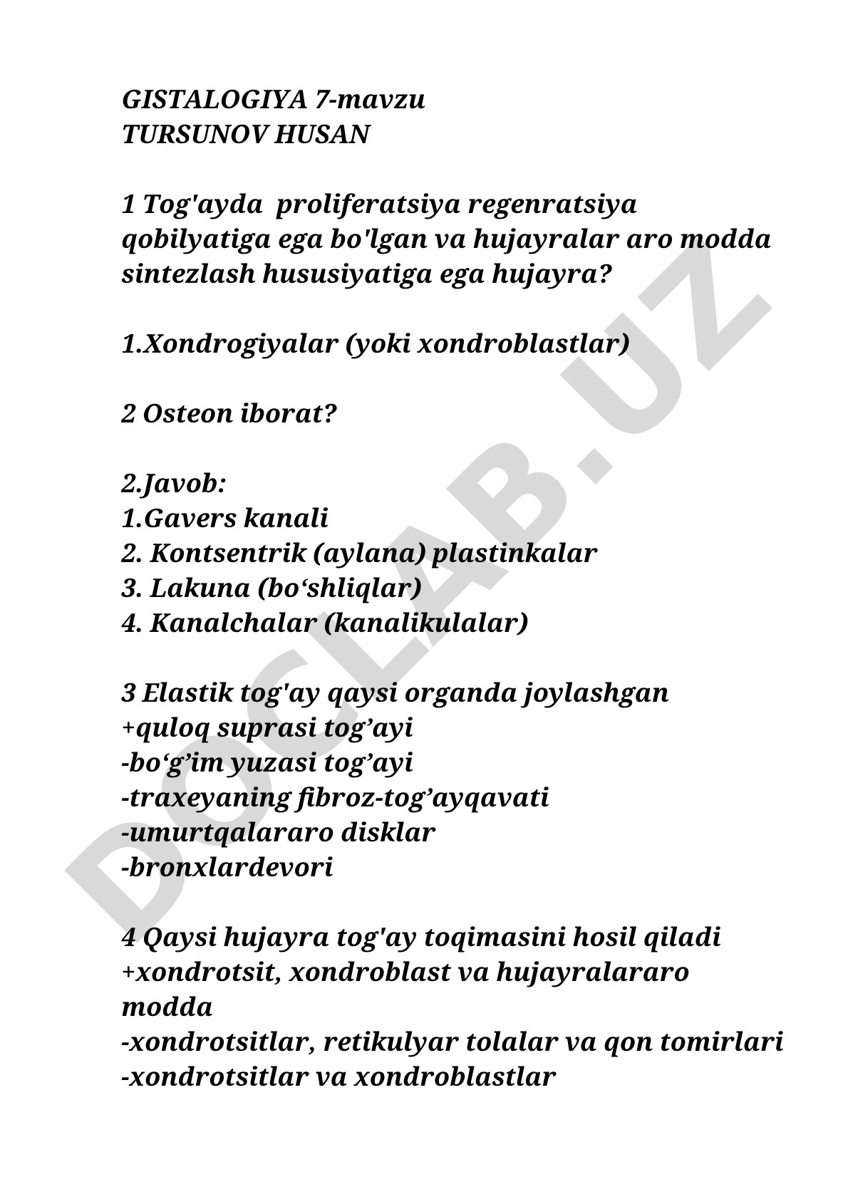Gistalogiya 7-mavzu: Tog'ay to'qimasi va uning tuzilishi