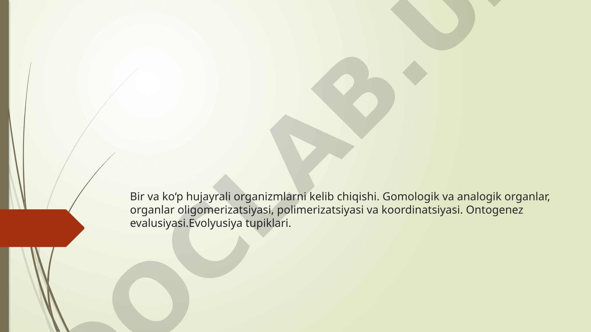 Bir va ko‘p hujayrali organizmlarning kelib chiqishi, gomologik va analogik organlar, ontogenez evolyutsiyasi