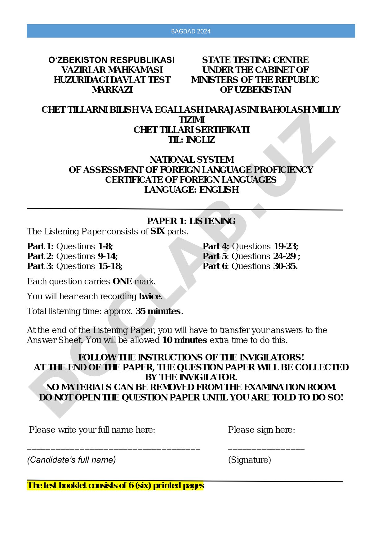 National System of Assessment of Foreign Language Proficiency Certificate - English Listening Paper