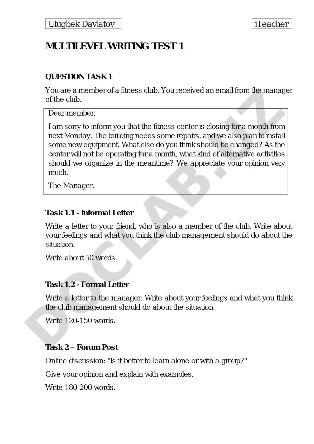 Multilevel Writing Test 1