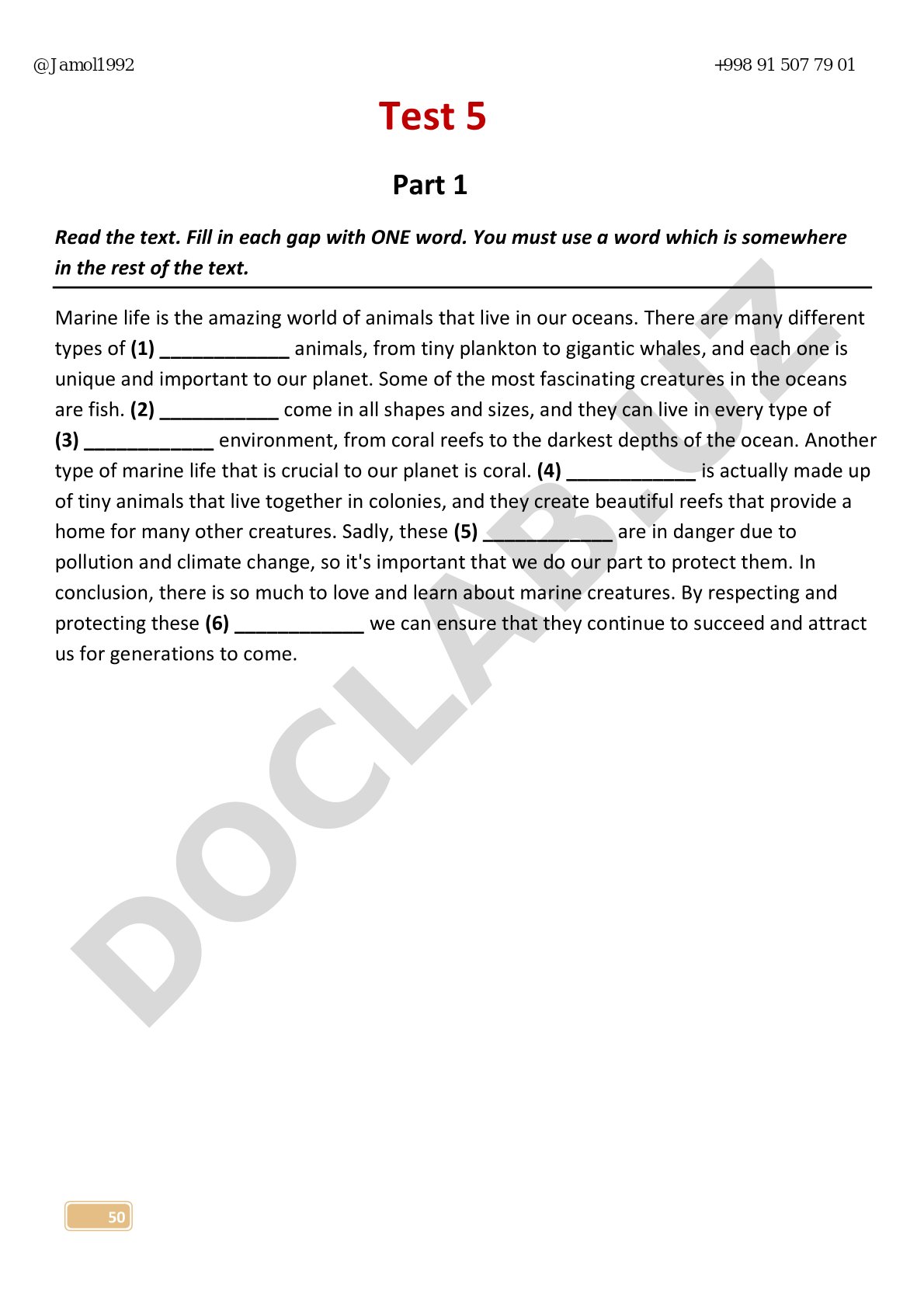 Marine Life Reading Comprehension Test