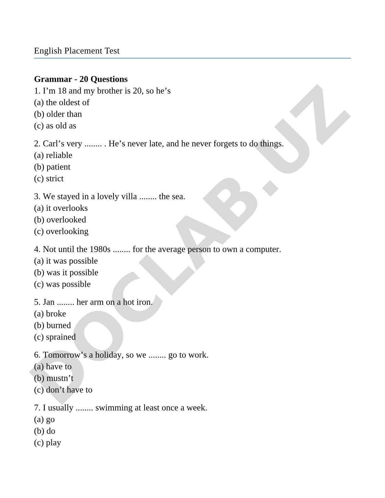English Placement Test Grammar Questions