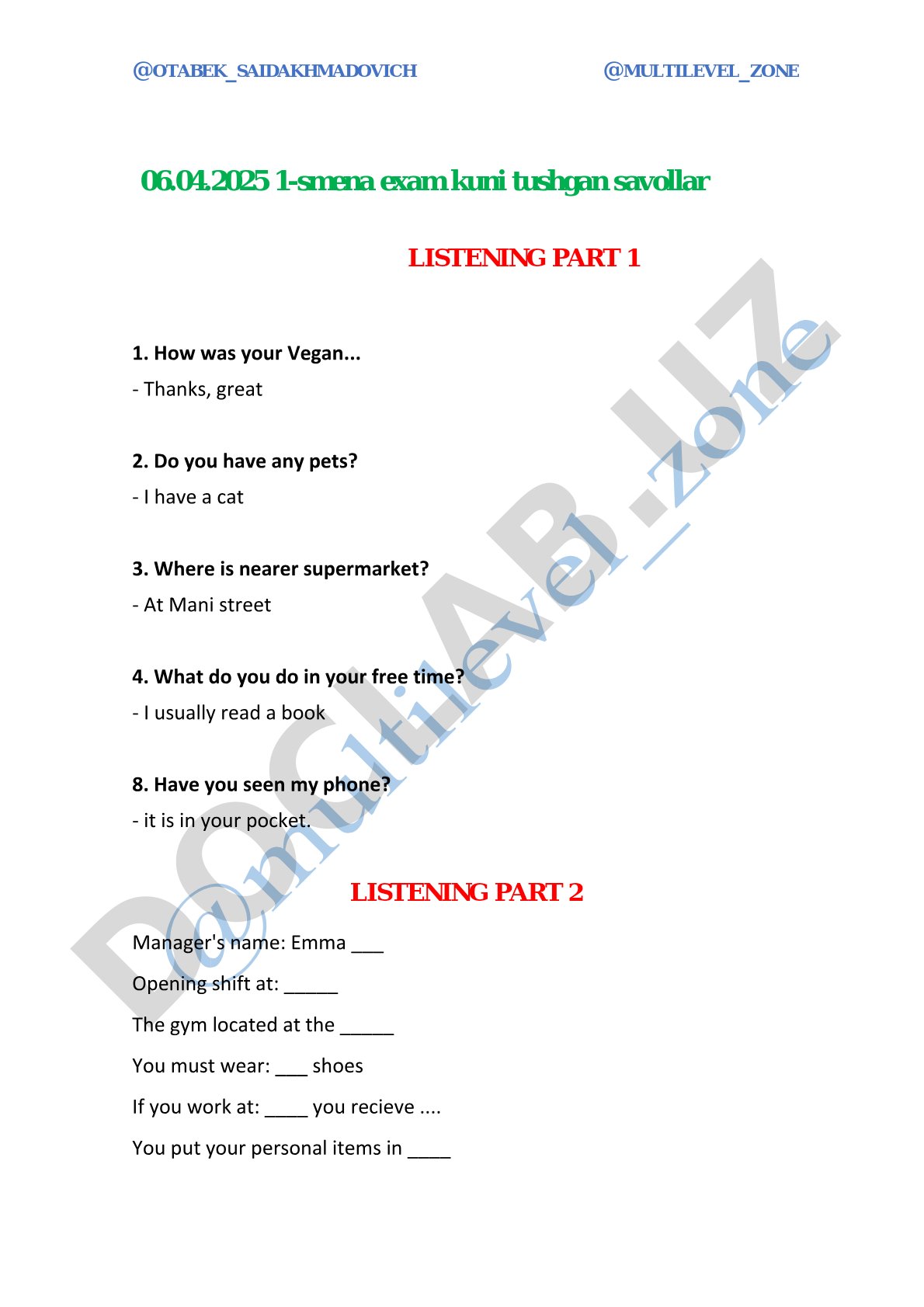 IELTS Listening exam questions and answers