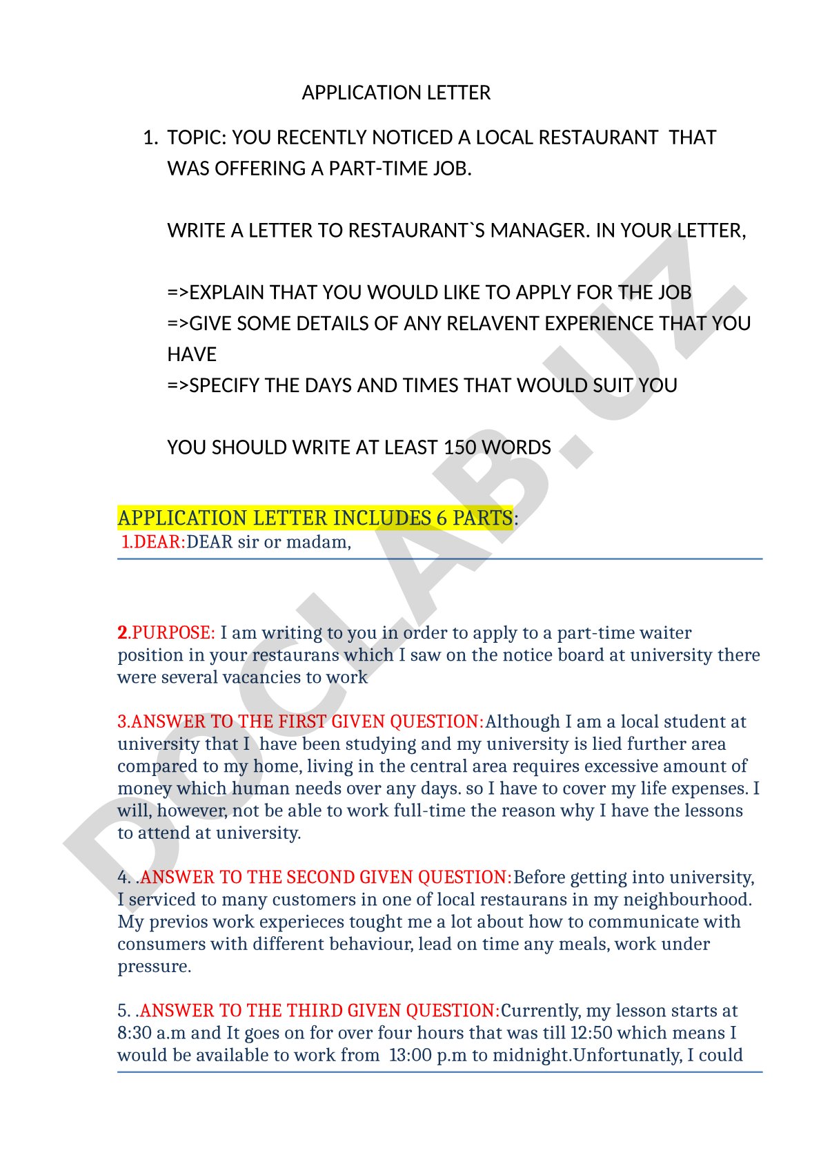 Application Letter for Part-Time Waiter Position