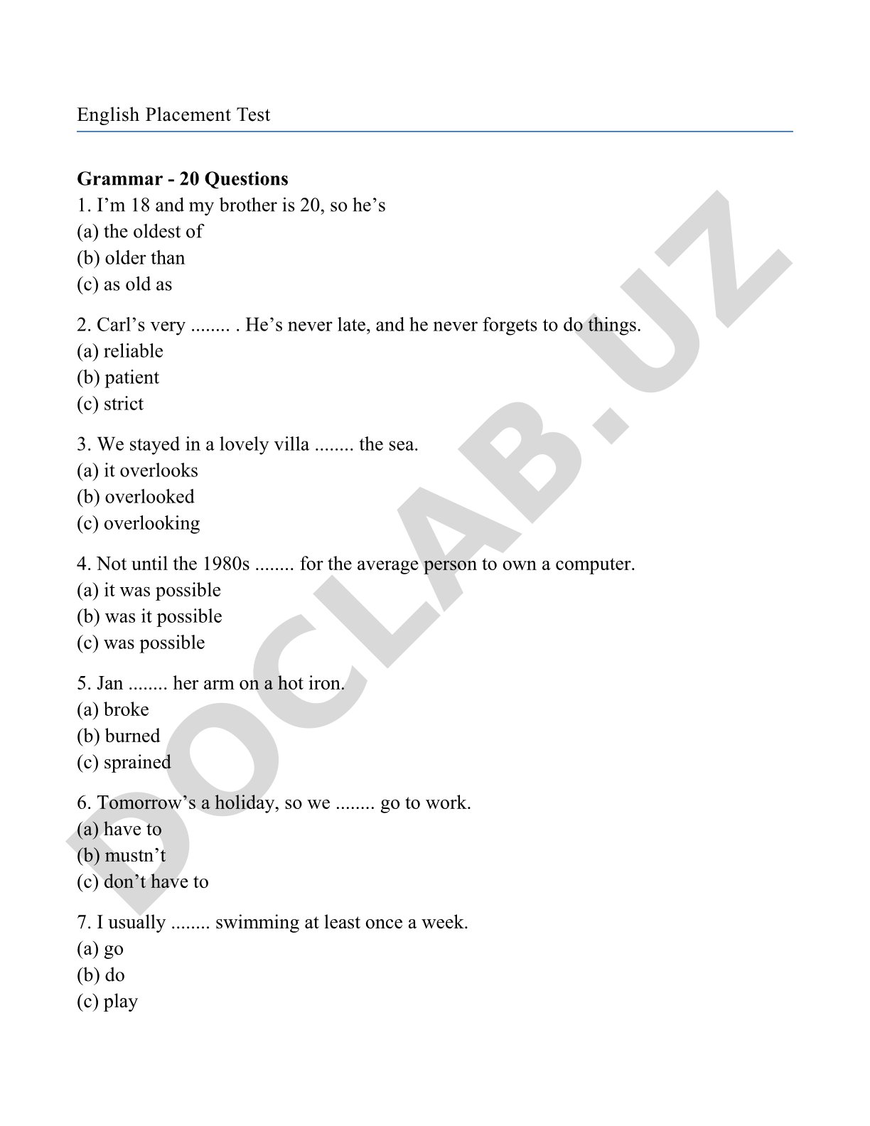English Placement Test Grammar Questions