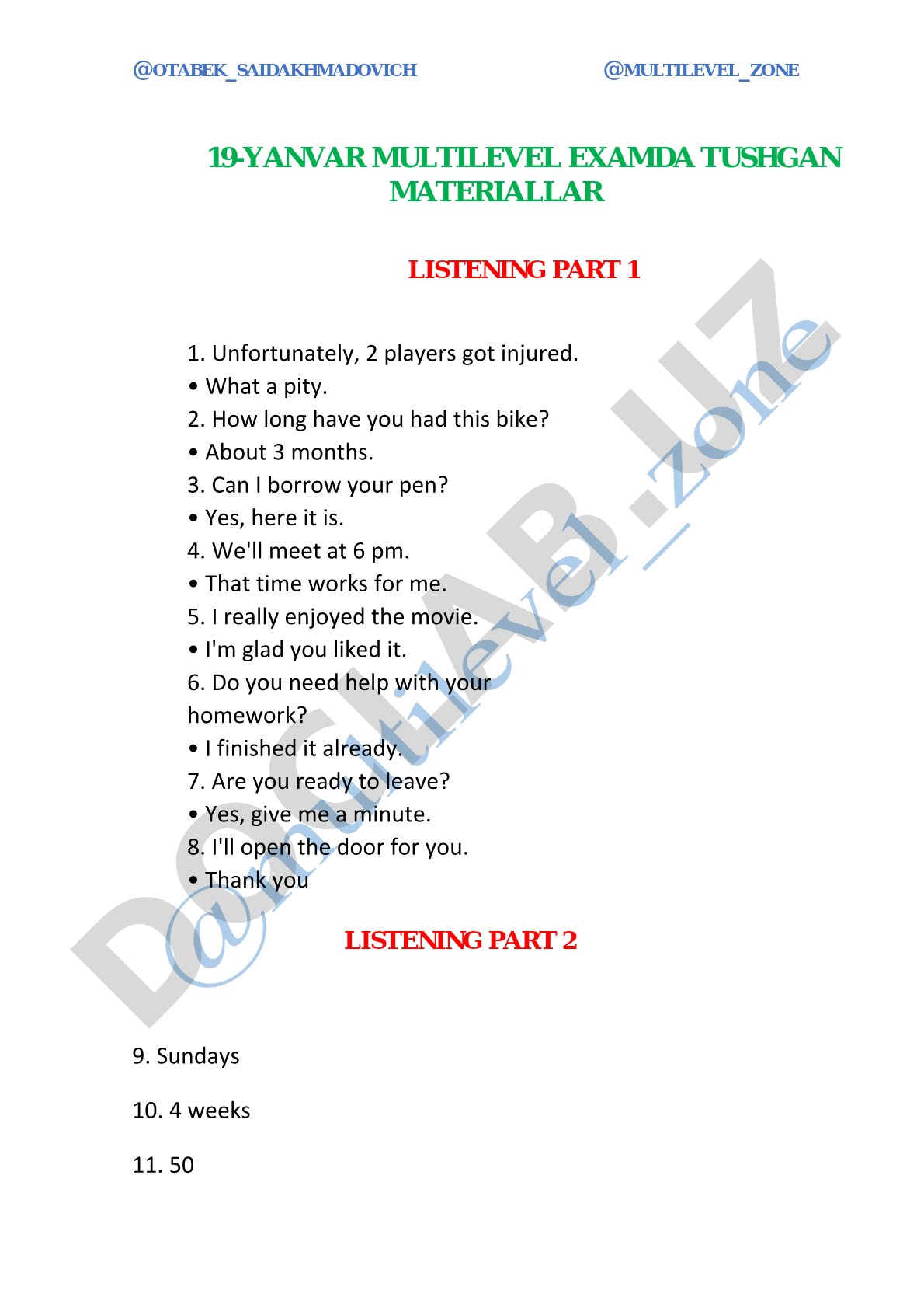 Multilevel exam materials