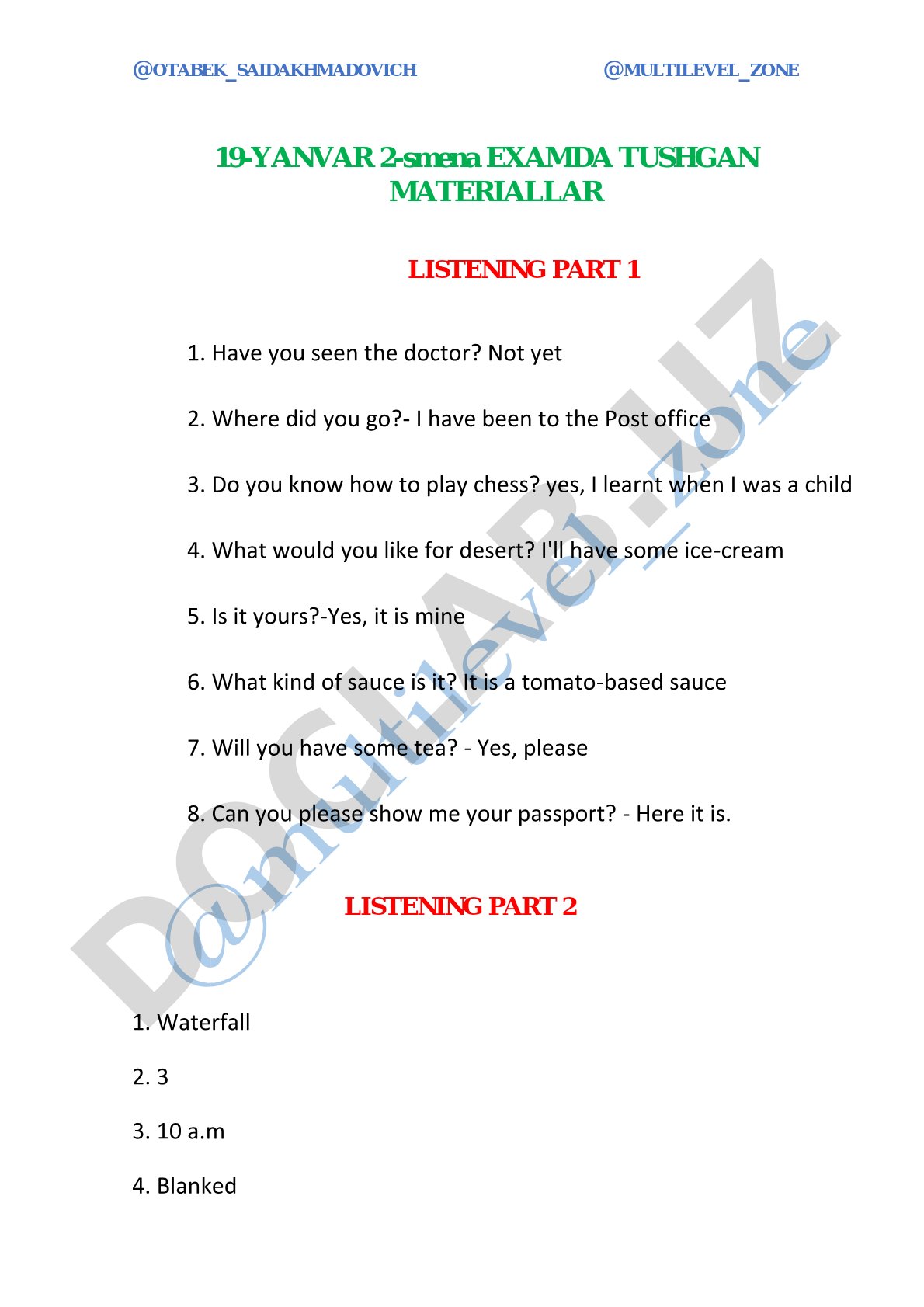 Listening exam materials