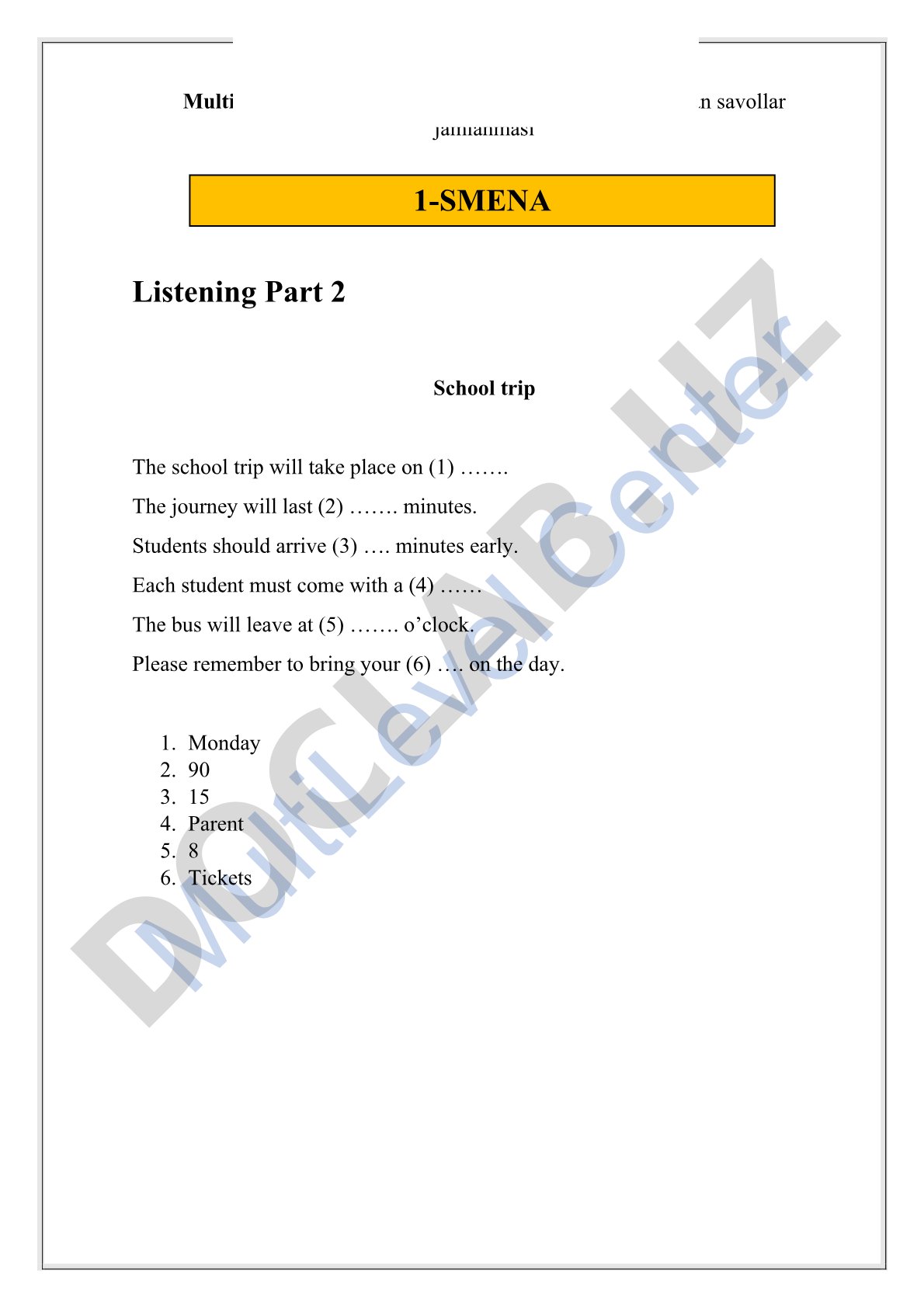 MultiLevel imtihon savollari jamlanmasi (Listening, Reading, Writing)