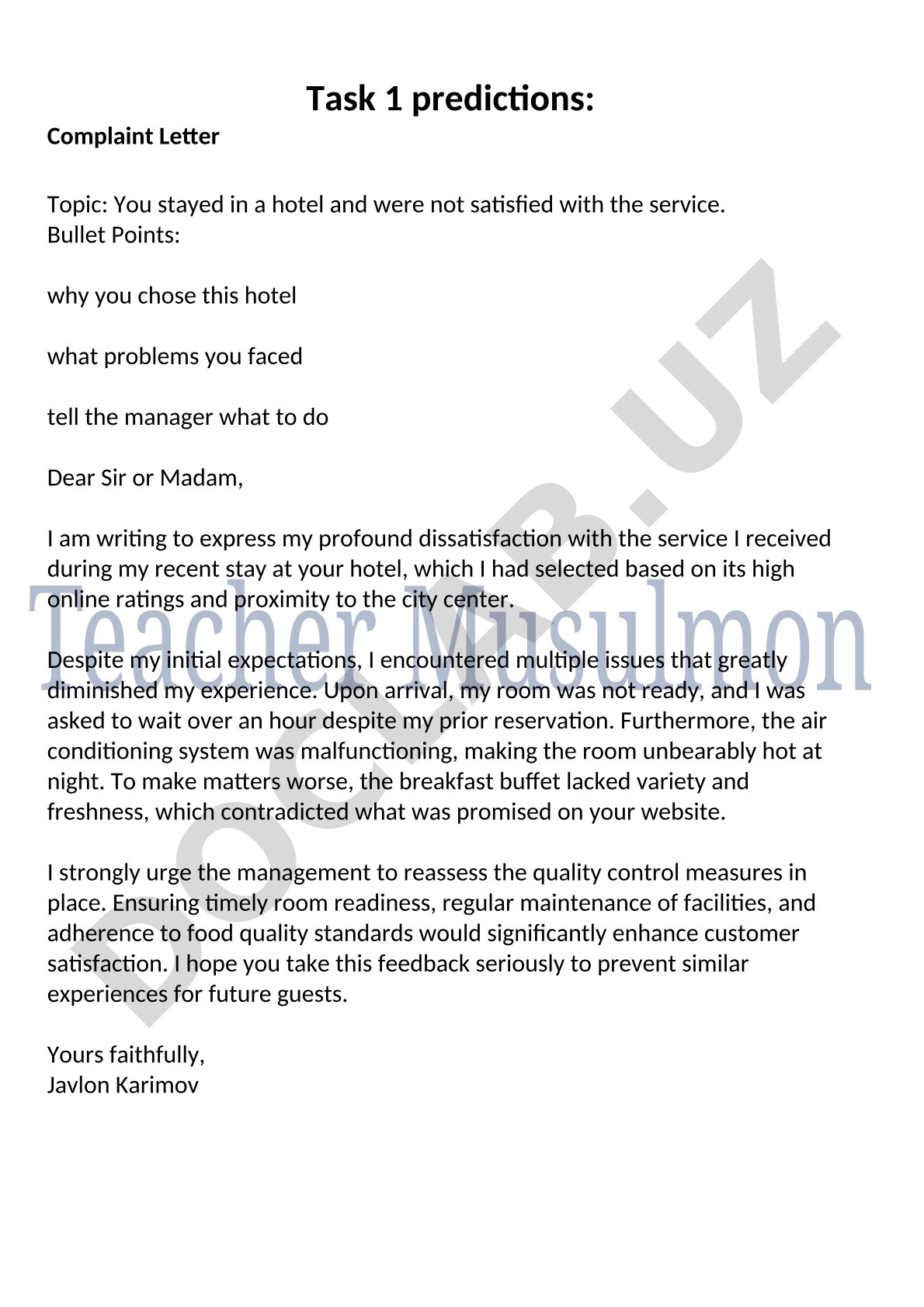 Complaint Letter about Hotel Service