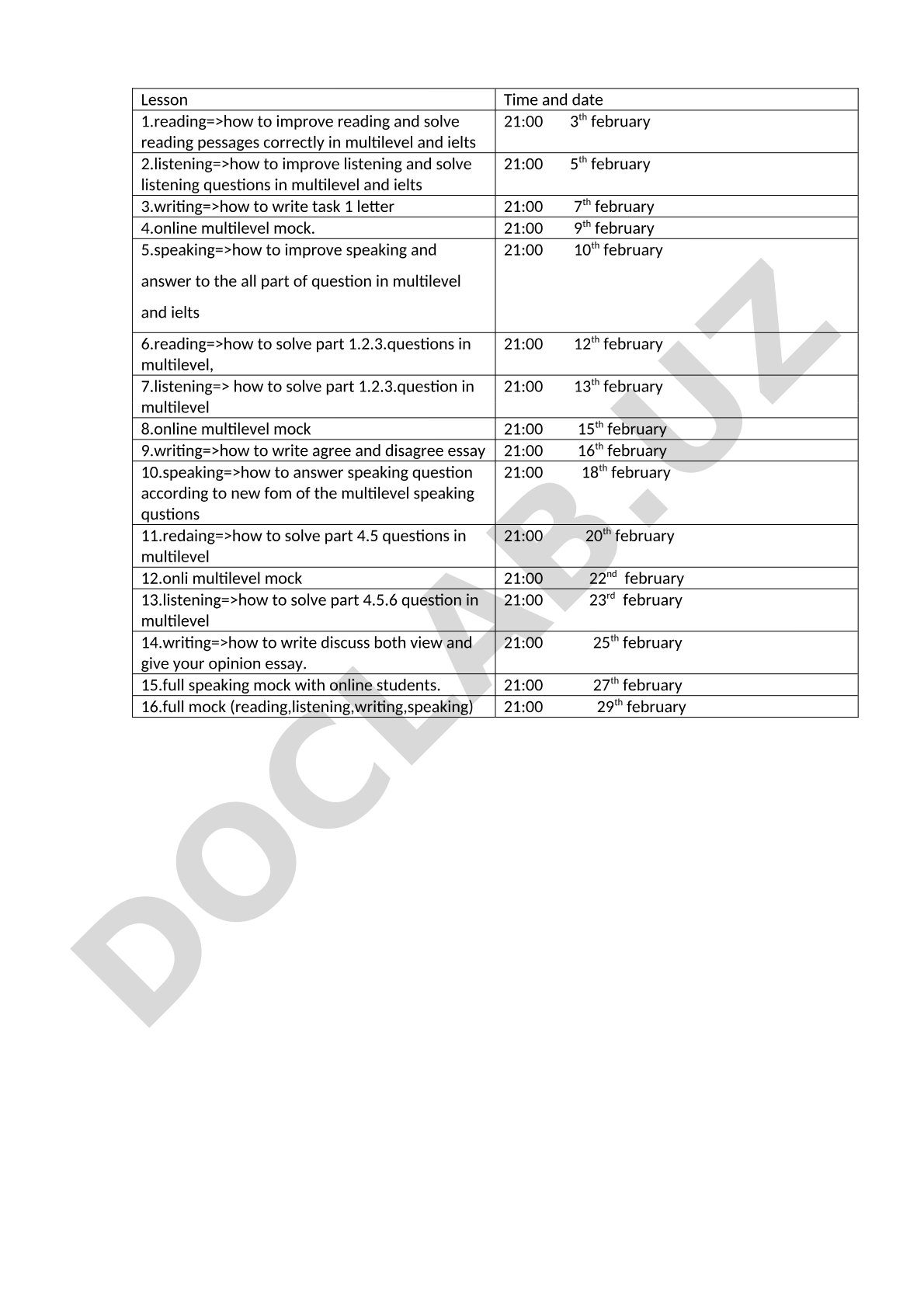 Multilevel and IELTS Preparation Course Schedule