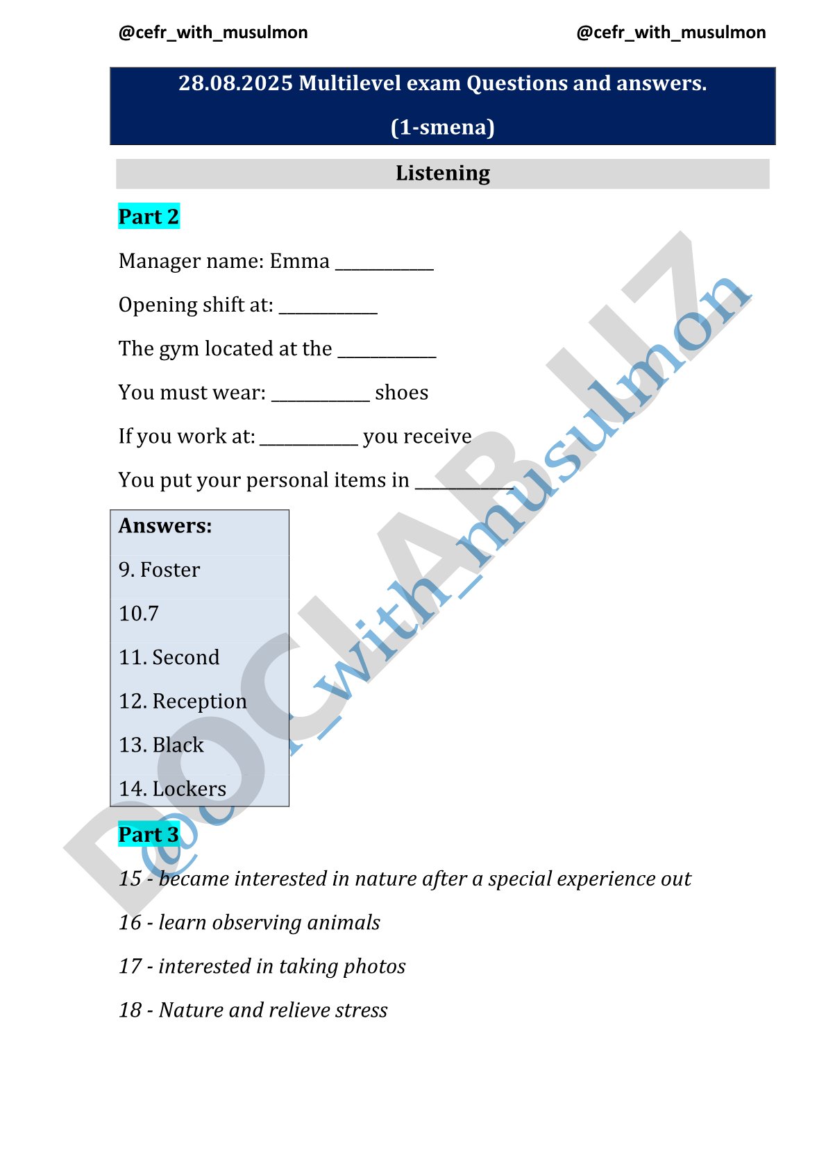 Multilevel exam Questions and answers (1-smena) Listening Part 2