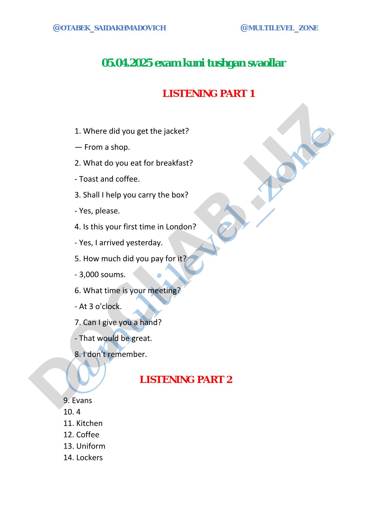 Listening exam questions