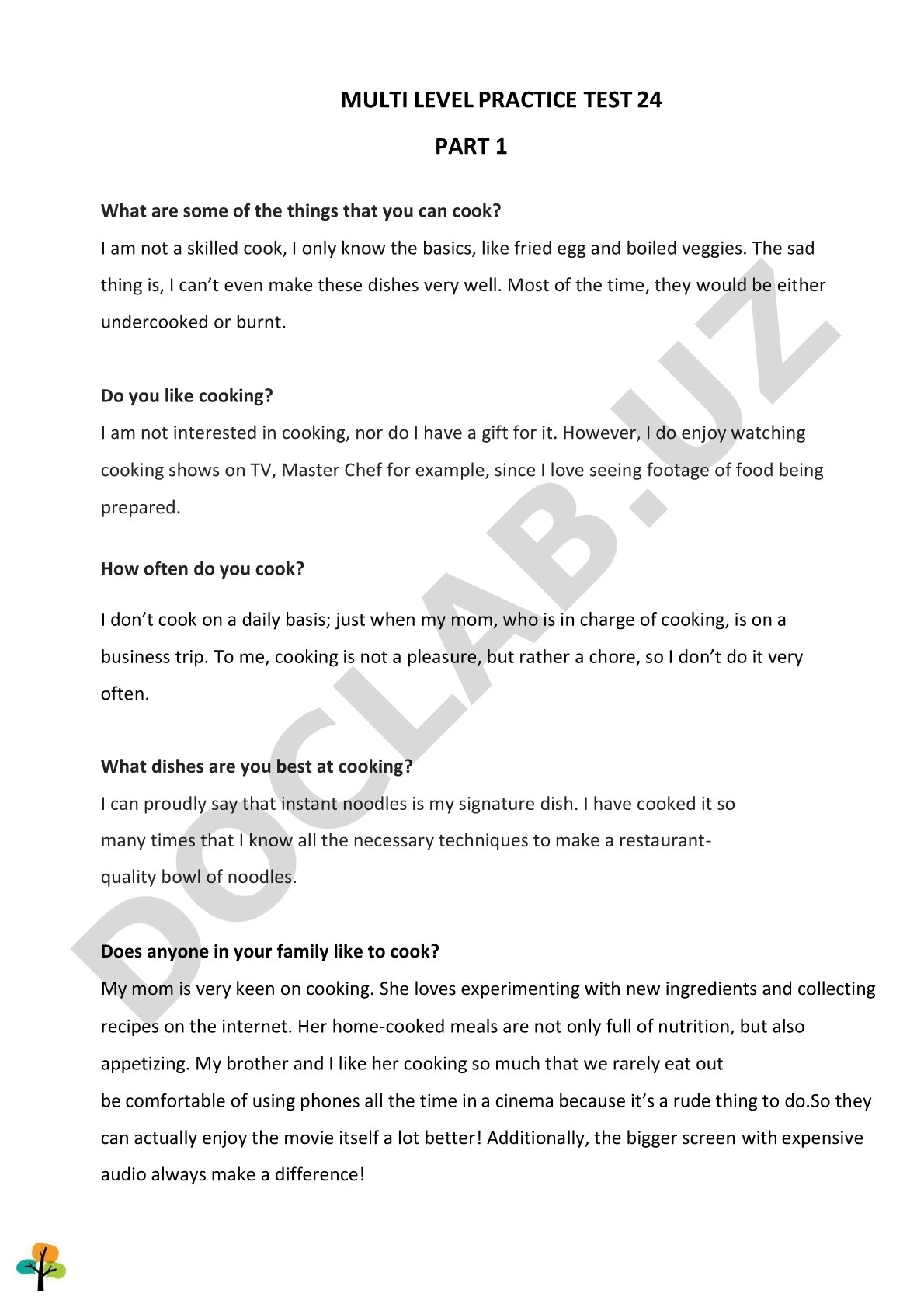 Multi Level Practice Test 24 - Cooking