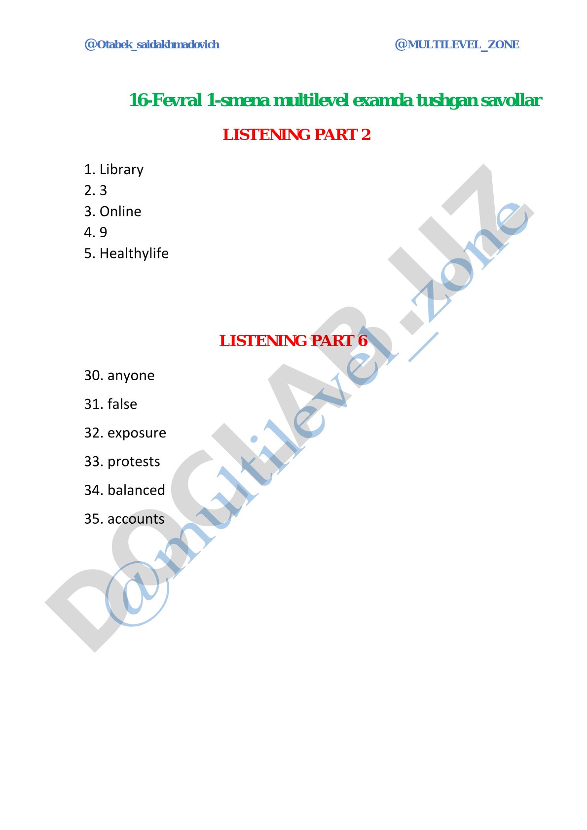 Multilevel exam savollari (Listening, Reading, Writing)
