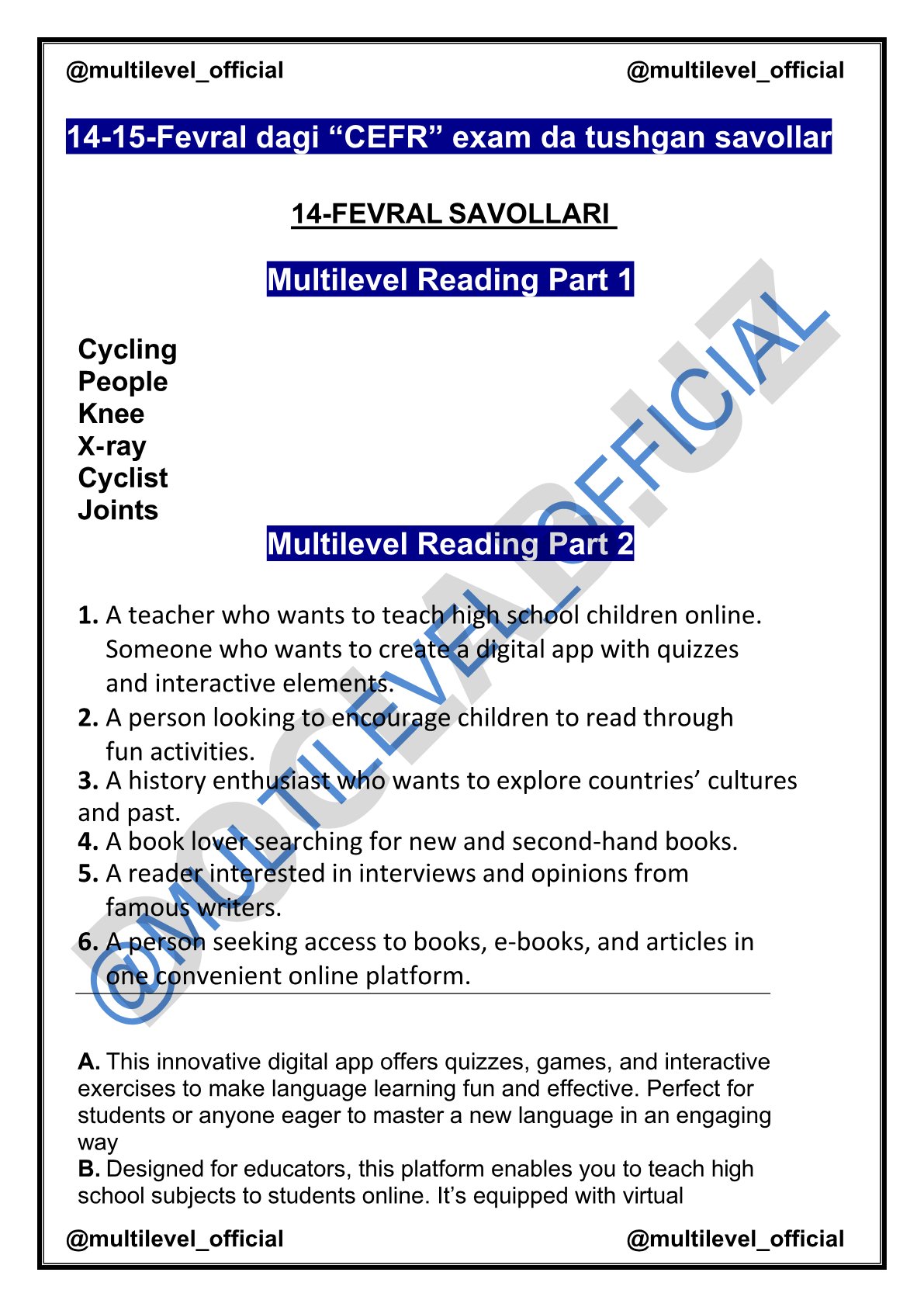 CEFR imtihon savollari (14-15 Fevral)