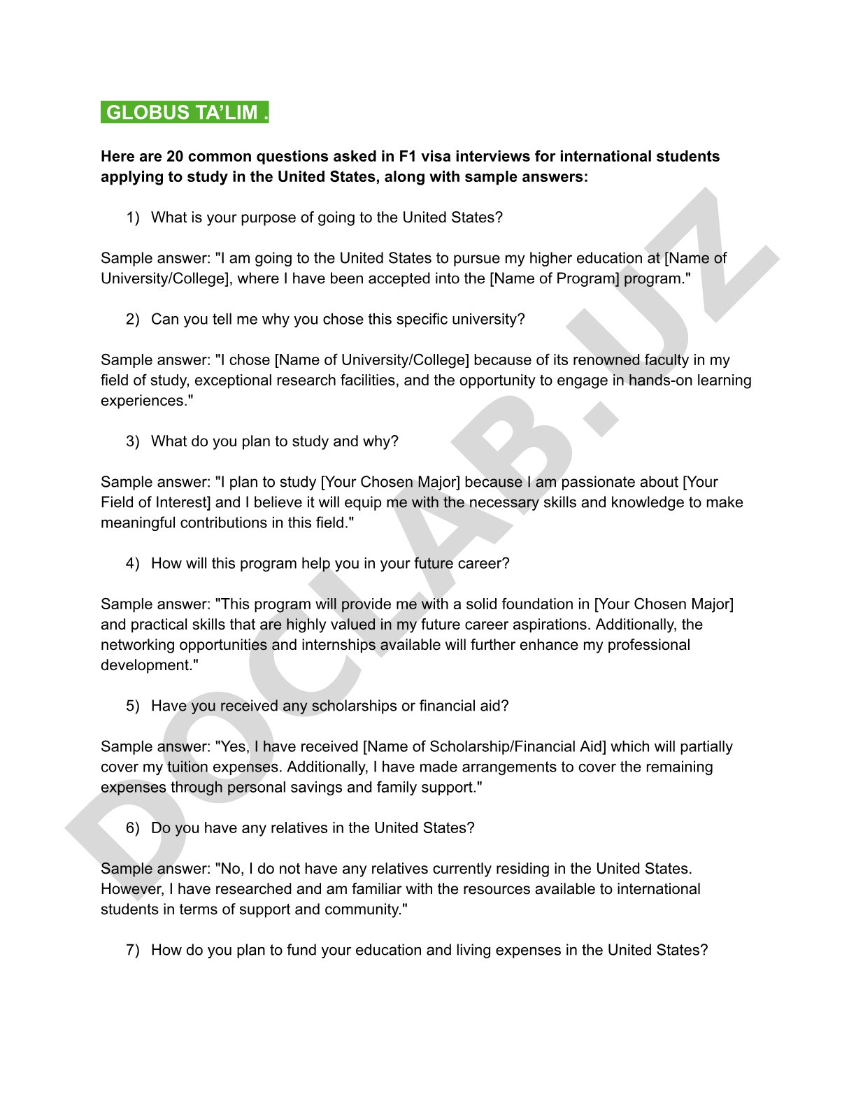 F1 visa interview questions and sample answers