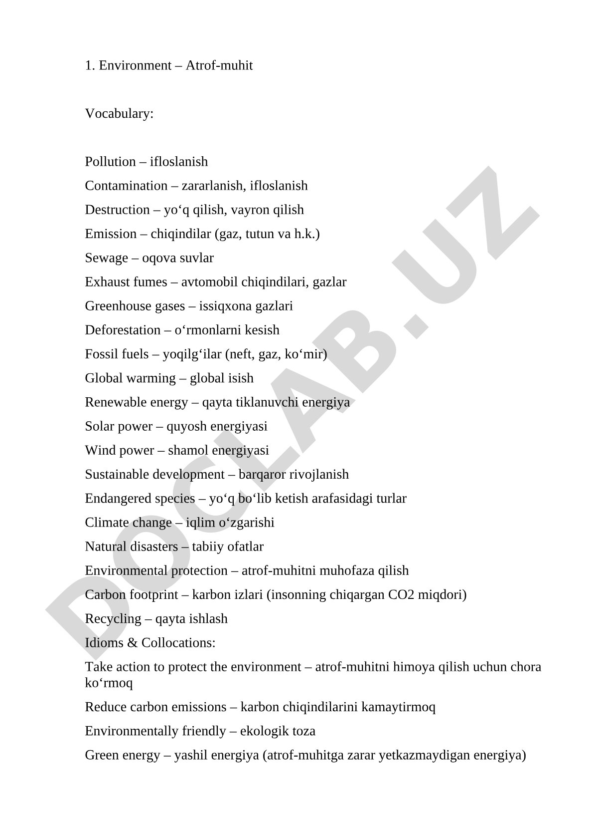 Environment – Atrof-muhit Vocabulary