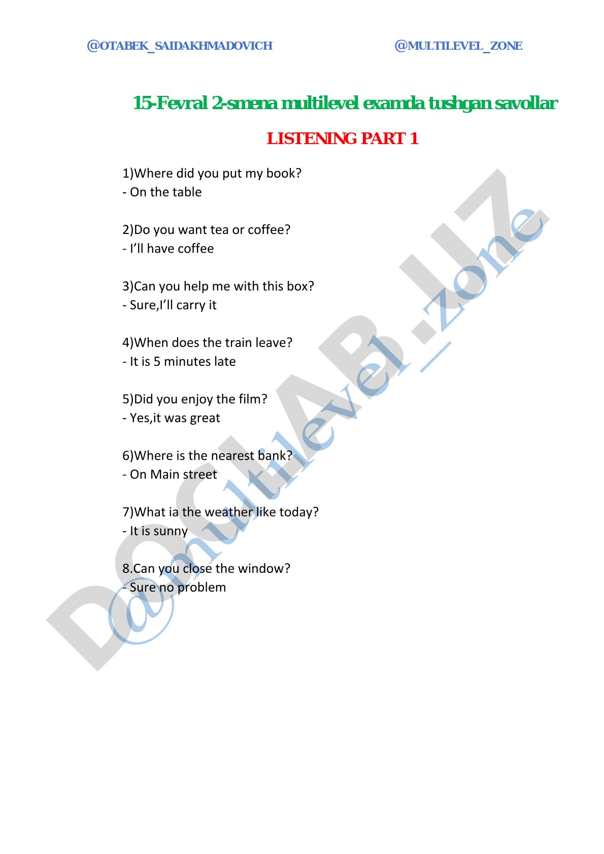 Multilevel exam listening and reading questions
