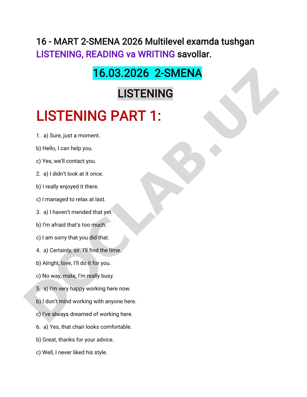 16 Mart 2-Smena 2026 Multilevel exam Listening, Reading, Writing savollari