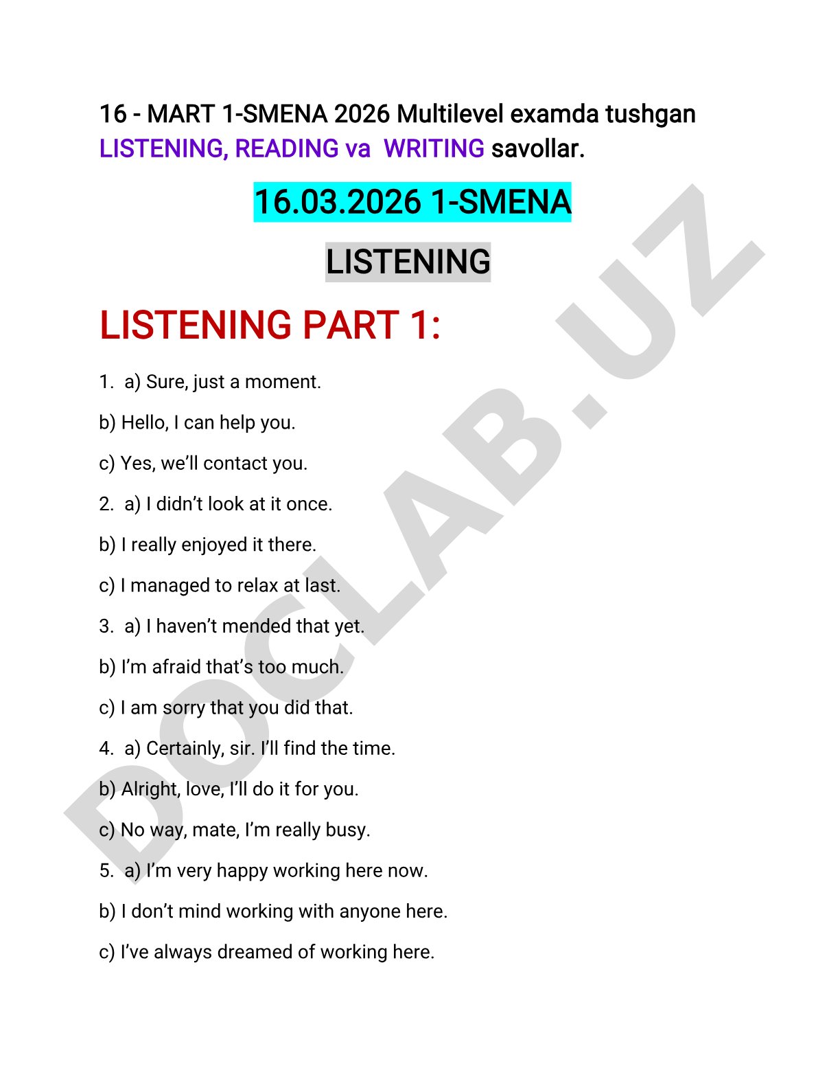 16 - Mart 1-Smena 2026 Multilevel exam Listening, Reading, Writing savollari