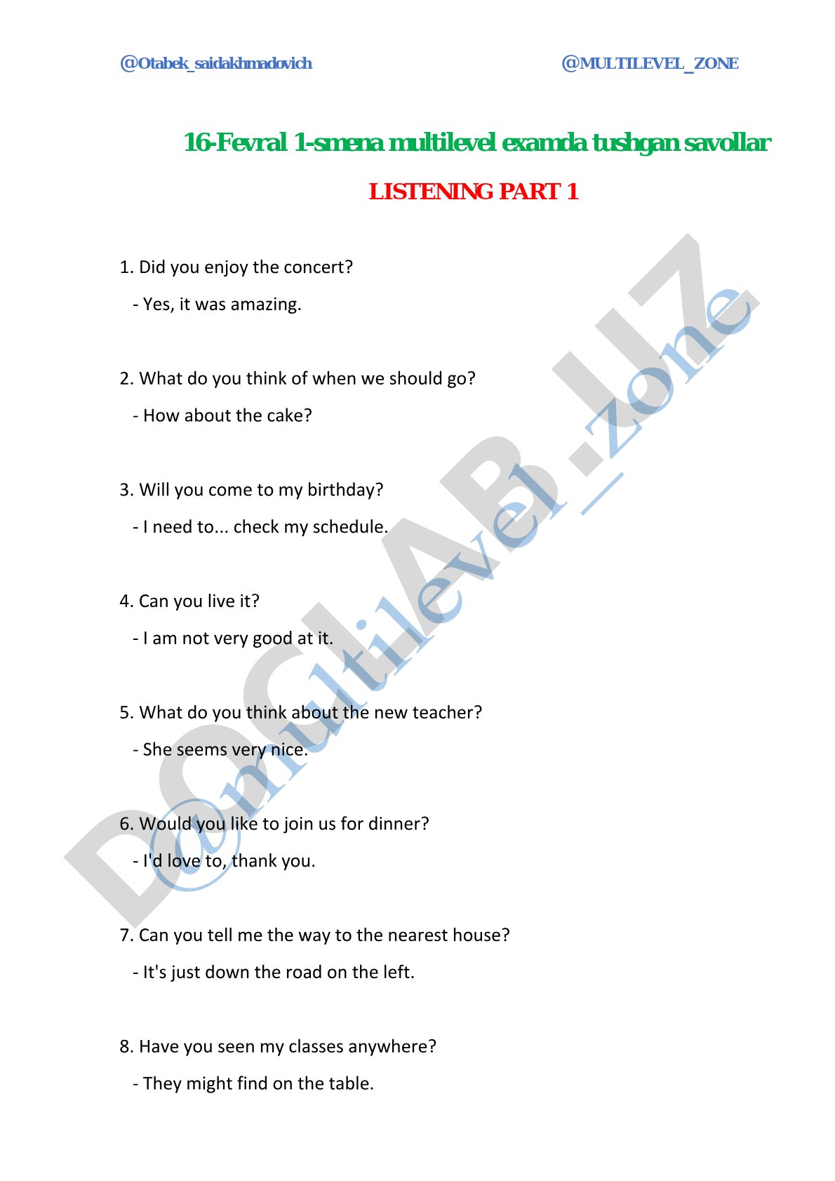 Multilevel exam listening questions