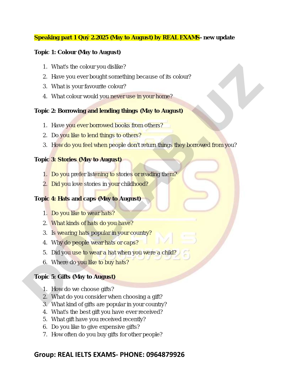Real IELTS Exams Speaking Part 1 Topics (May to August 2025)