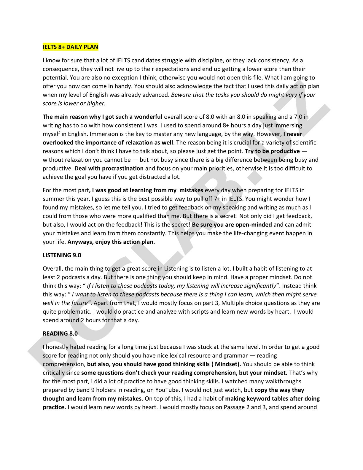 IELTS 8+ Daily Plan