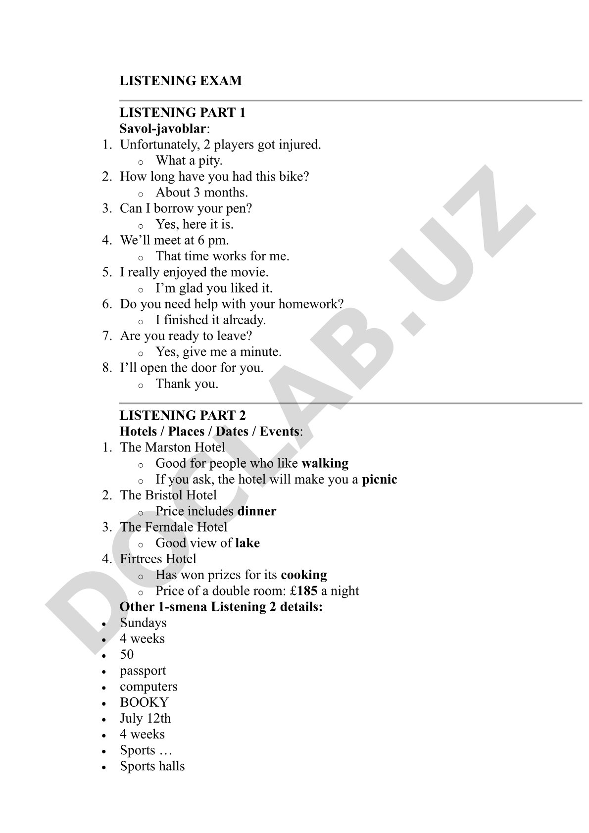 Listening exam questions and answers