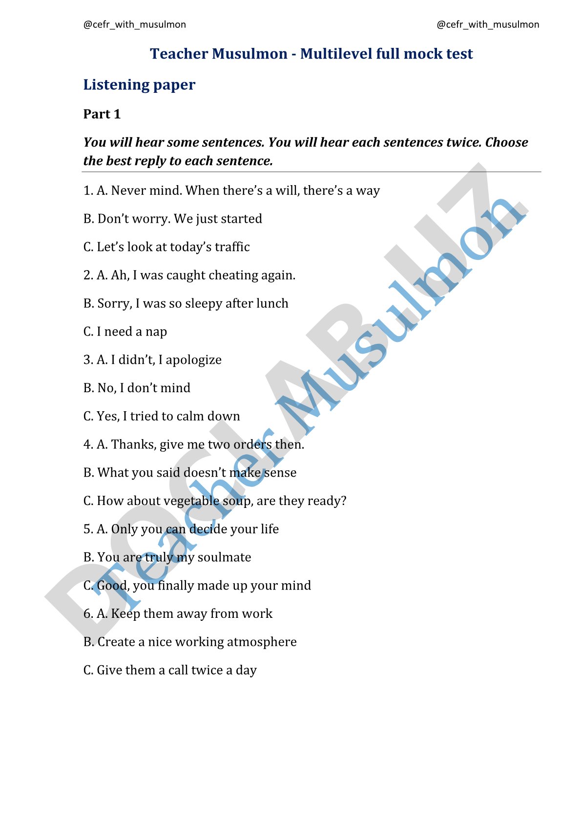 CEFR Multilevel Full Mock Test Listening Paper