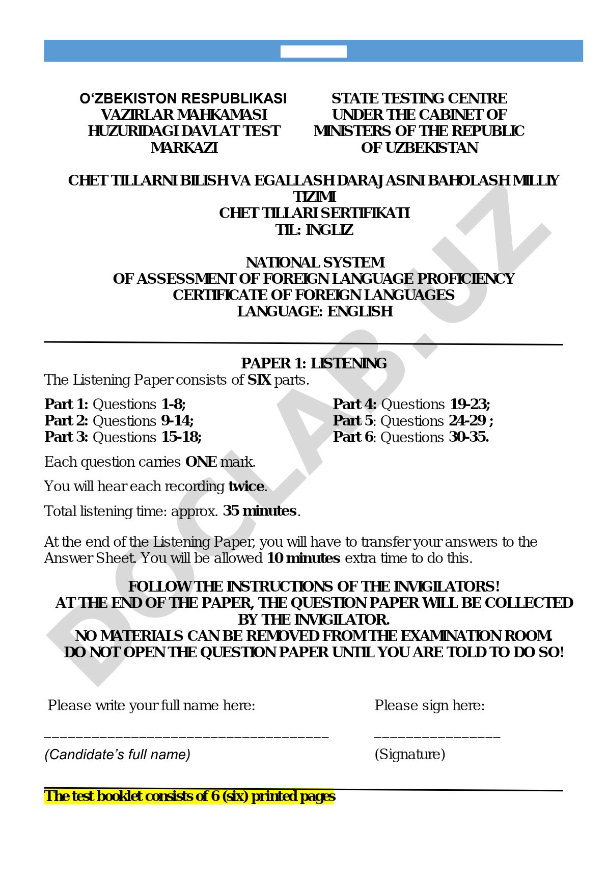 English Listening Proficiency Test Paper
