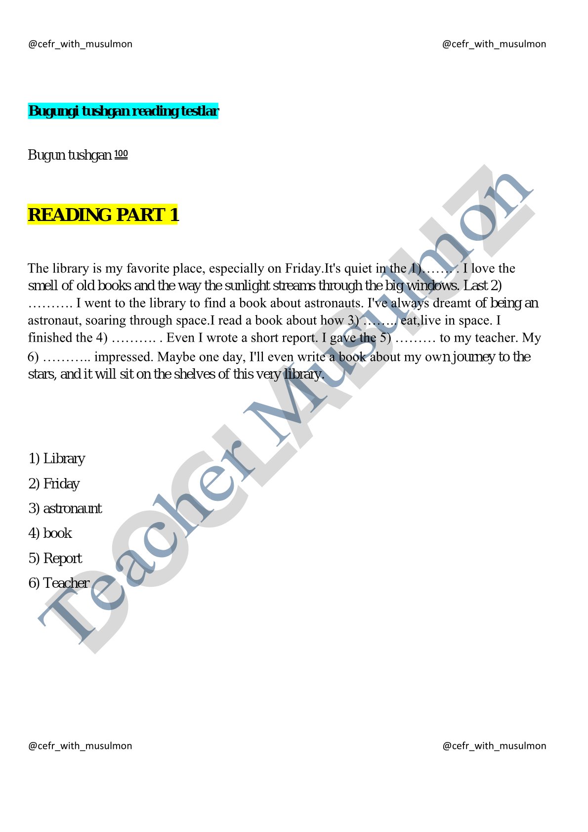 Reading test: Library and Falcons