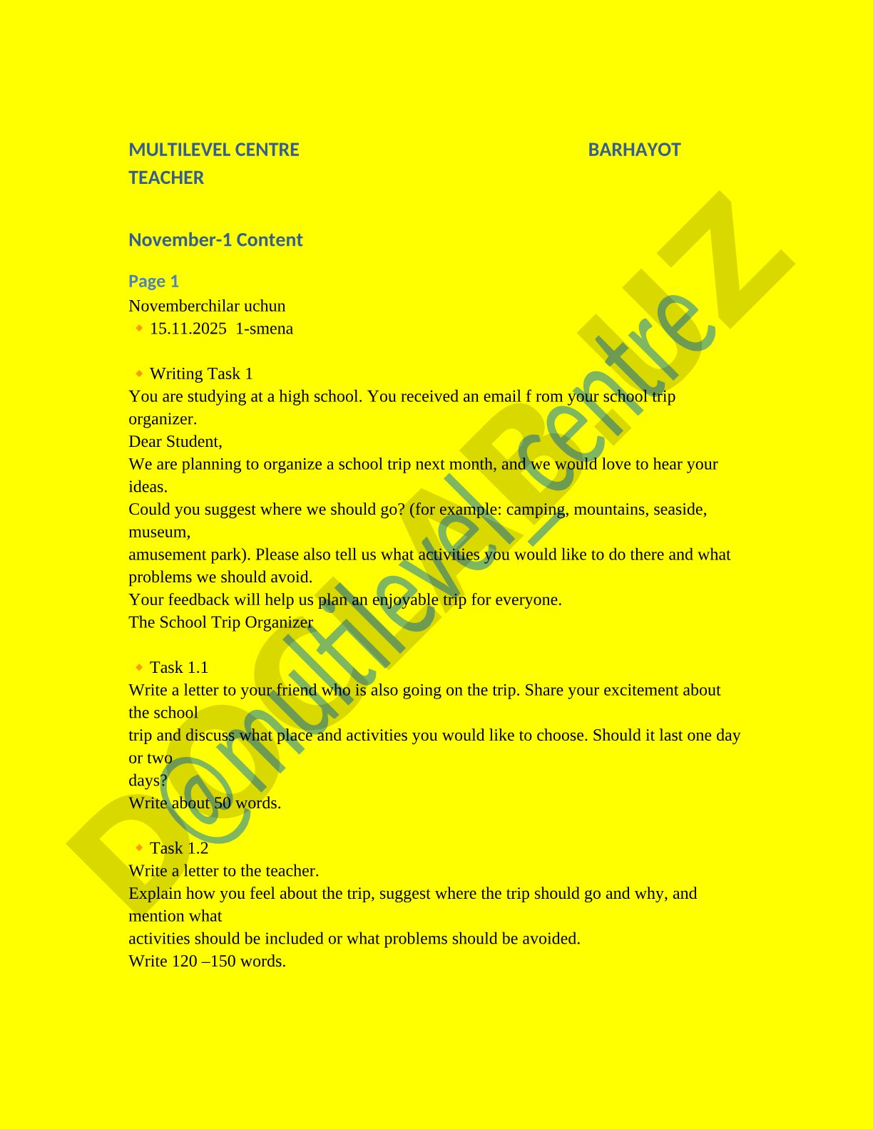 School trip planning letter writing tasks