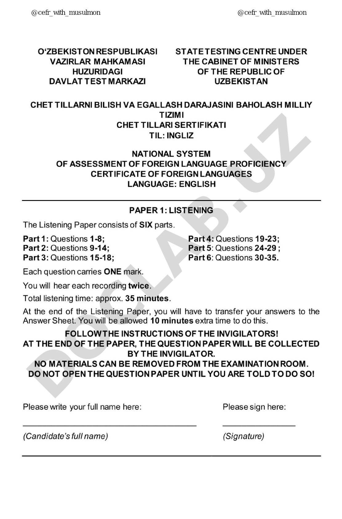 CEFR Listening Test Questions