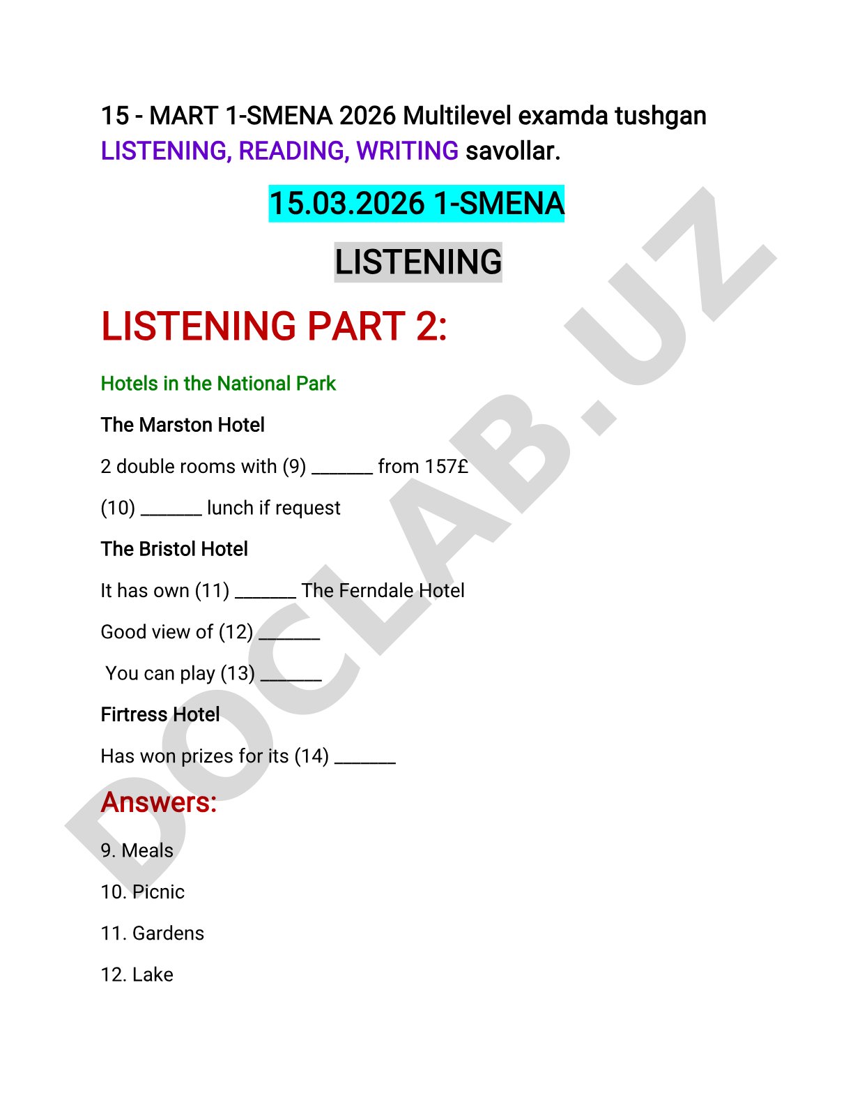 15 Mart 1-Smena 2026 Multilevel exam Listening, Reading savollari