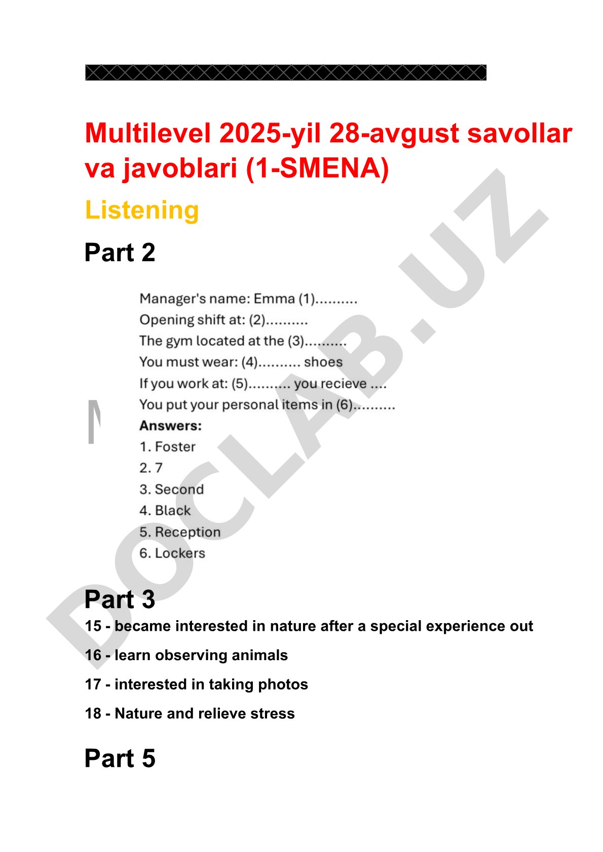 Multilevel 2025-yil 28-avgust savollar va javoblari (1-SMENA)