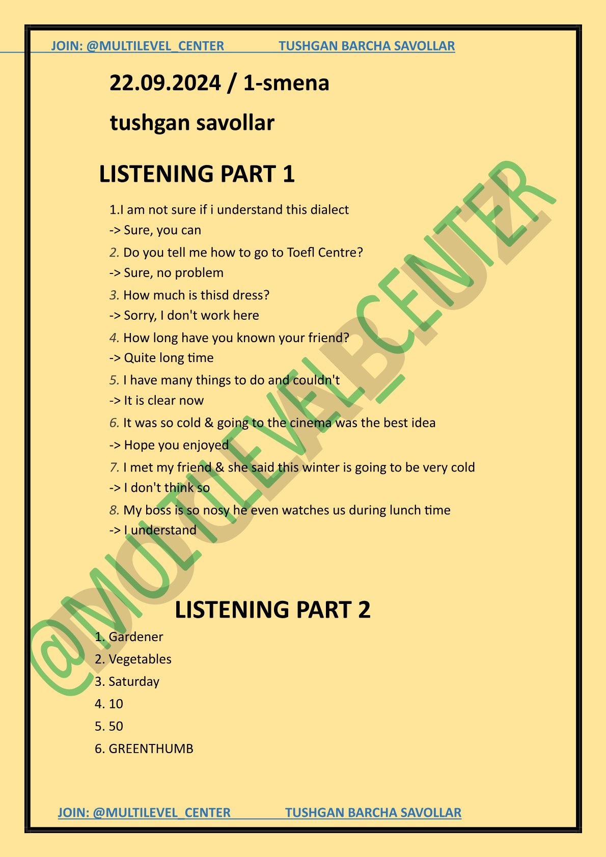JOIN: @MULTILEVEL_CENTER TUSHGAN BARCHA SAVOLLAR 22.09.2024 / 1-smena tushgan savollar LISTENING PART 1