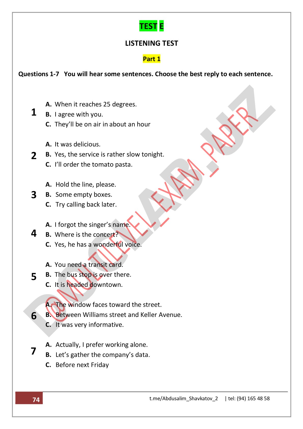 Test E Listening Test