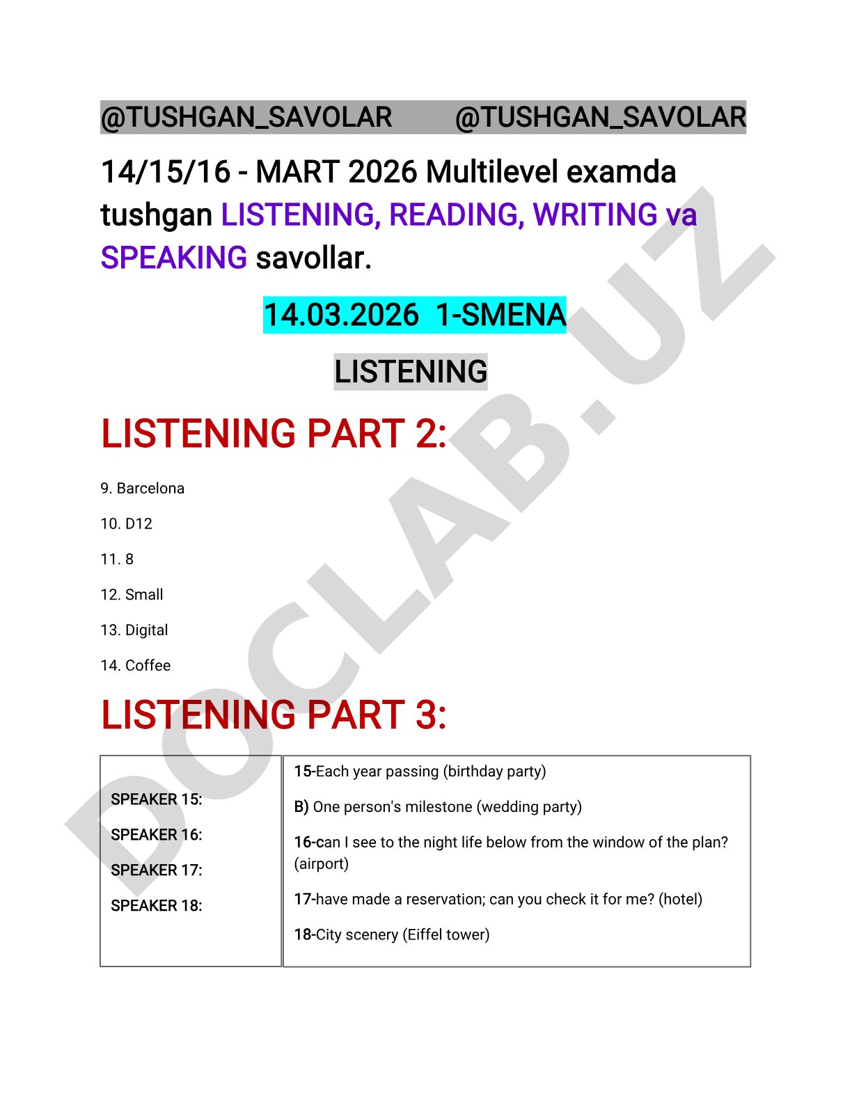 Multilevel examda tushgan listening, reading, writing va speaking savollari