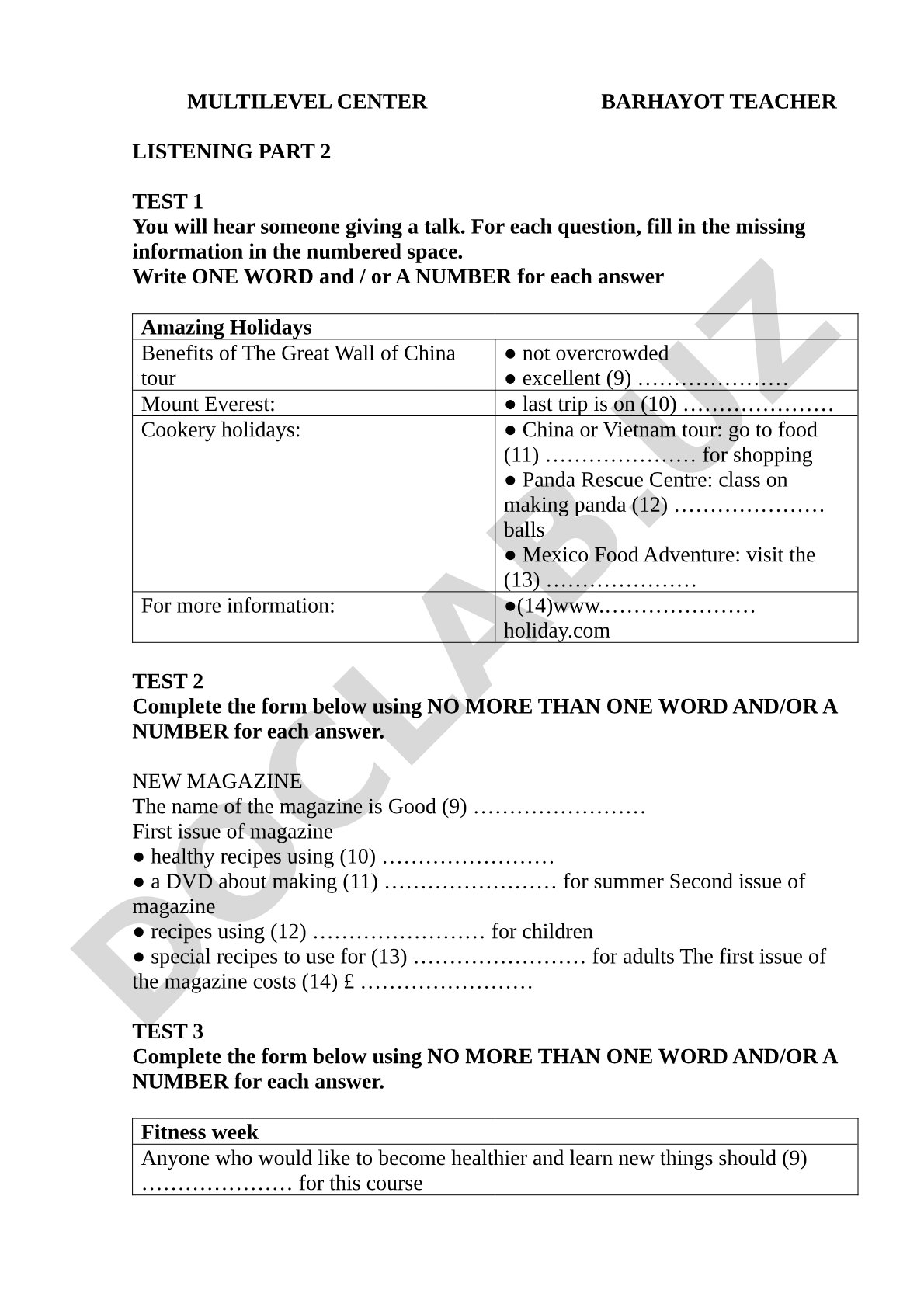 MULTILEVEL CENTER BARHAYOT TEACHER LISTENING PART 2 TEST 1