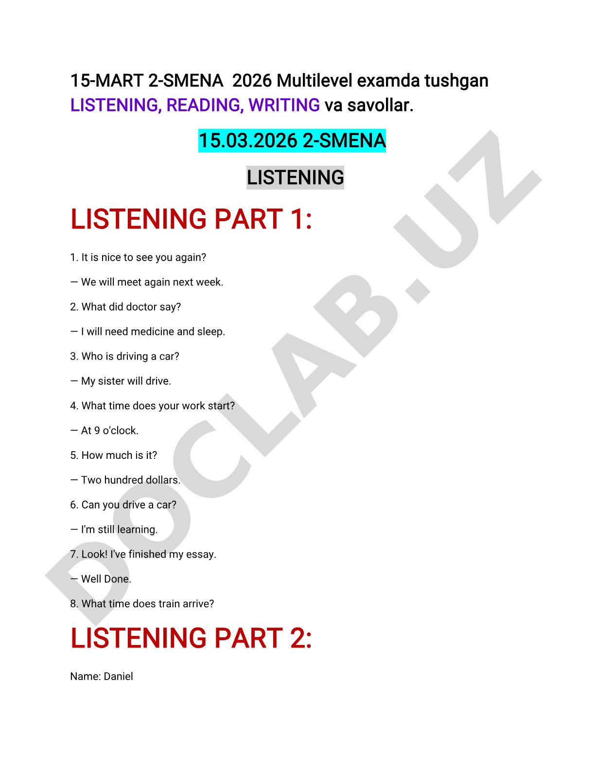 Multilevel exam listening, reading, writing savollari