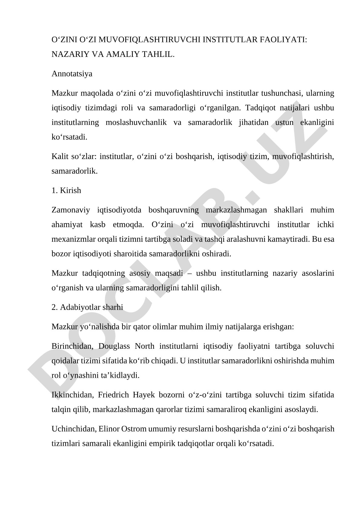 O‘ZINI O‘ZI MUVOFIQLASHTIRUVCHI INSTITUTLAR FAOLIYATI: NAZARIY VA AMALIY TAHLIL.