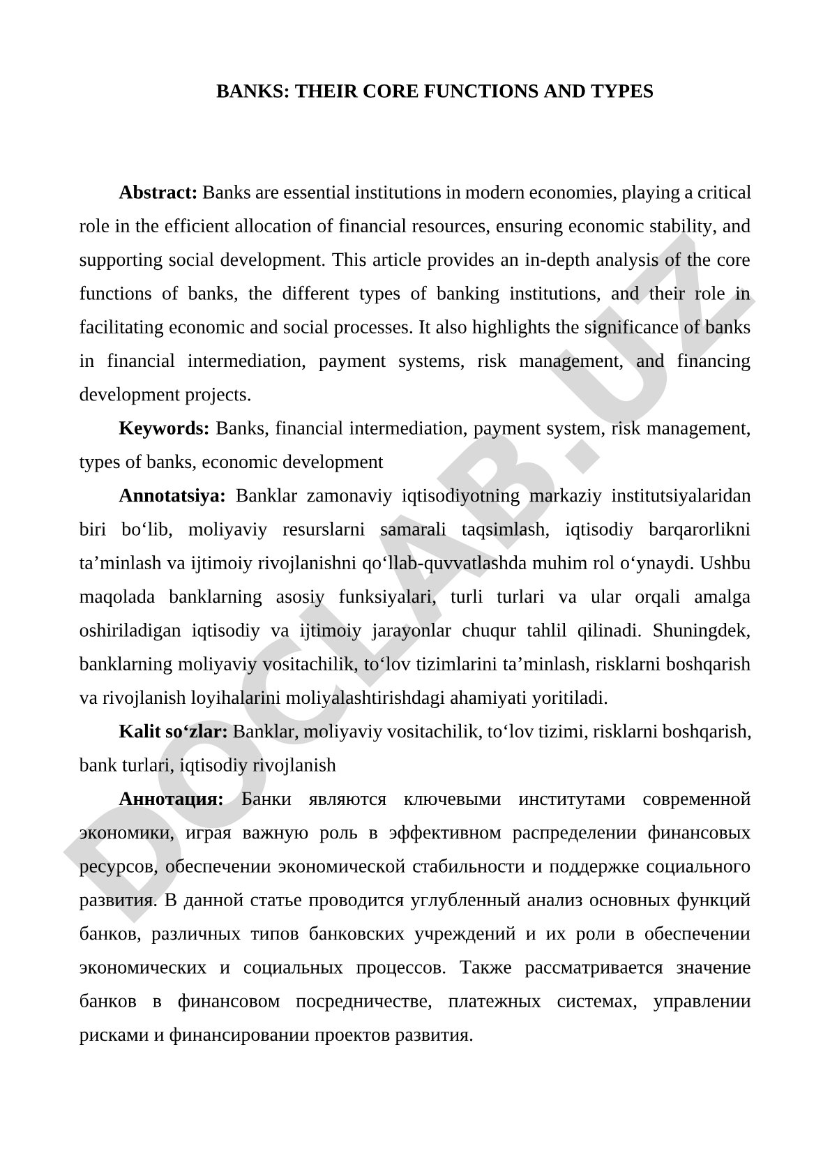 Banklar zamonaviy iqtisodiyotning markaziy institutsiyalaridan biri