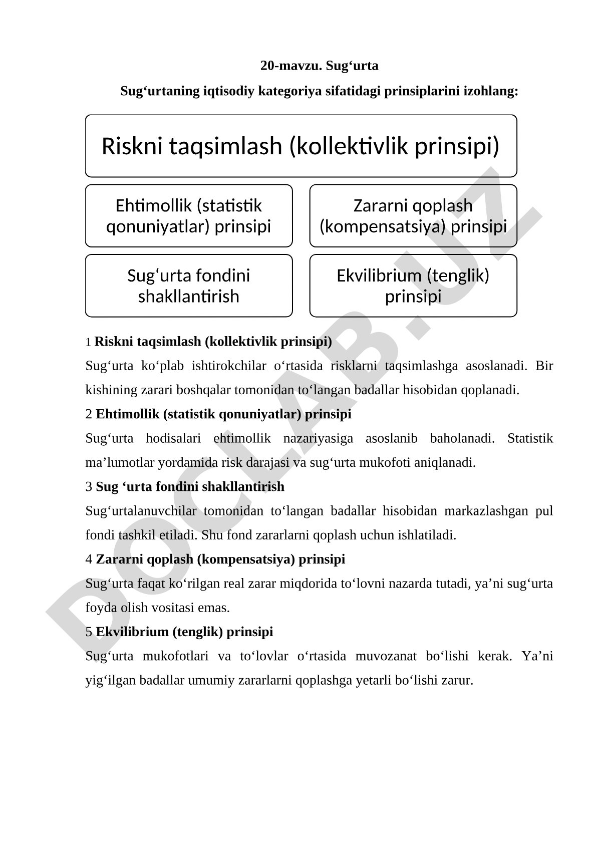 Sug‘urta. Sug‘urtaning iqtisodiy kategoriya sifatidagi prinsiplari