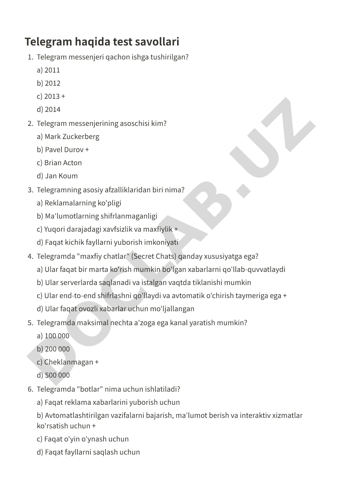 Telegram haqida test savollari