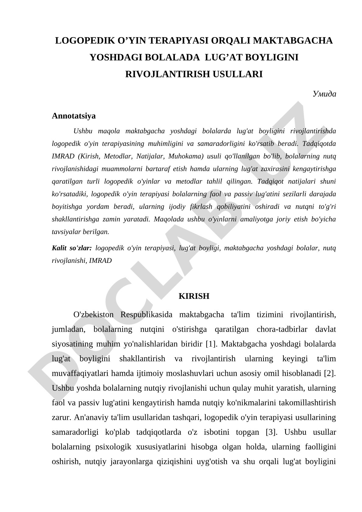 Logopedik o'yin terapiyasi orqali maktabgacha yoshdagi bolalarda lug'at boyligini rivojlantirish usullari